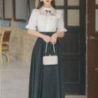 Set: Short-sleeve Lace Shirt + Midi A-line Skirt
