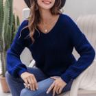 Long-sleeve V-neck Ribbed Plain Knit Sweater