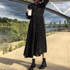 Long-sleeve Chiffon Midi A-line Dress Black - One Size