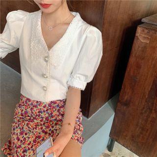Puff-sleeve Lace Collar Faux Pearl Button Blouse