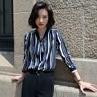 Tie-neck Striped Chiffon Blouse / Cropped Straight-fit Pants