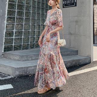 Short-sleeve Paisley Print Maxi Mermaid Dress