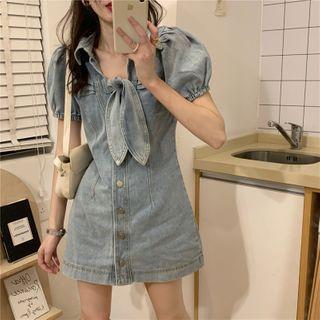 Puff-sleeve Tie-front Mini Denim Shirtdress