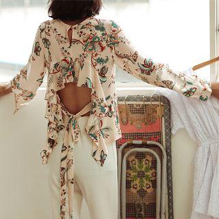 Long-sleeve Printed Tie-waist Top