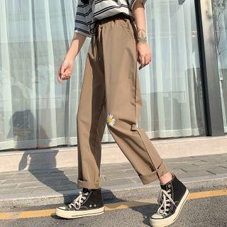 Drawstring-waist Flower Print Straight-cut Pants