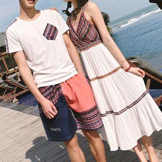 Couple Matching Spaghetti Strap Midi Patterned Dress / Short-sleeve T-shirt / Patterned Shorts