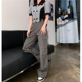 High-waist Cargo Pants / Short-sleeve Color-block Polo Collar Top