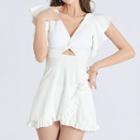 Ruffle Sleeves V-neck Twisted Swim Dress