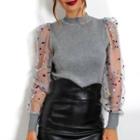 Sequined Mesh Panel Balloon-sleeve Top
