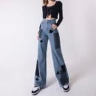 Heart Embroidered Patched Wide Leg Jeans