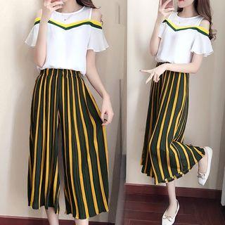 Set: Ruffle Short-sleeve Top + Crop Wide Leg Pants