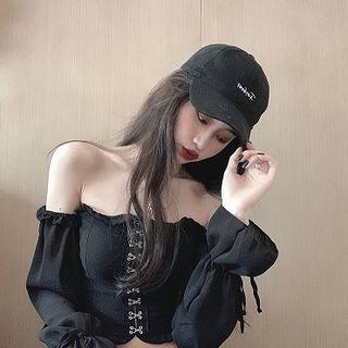 Plain Slim-fit Off-shoulder Long-sleeve Blouse Black - One Size
