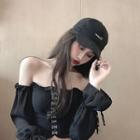Plain Slim-fit Off-shoulder Long-sleeve Blouse Black - One Size