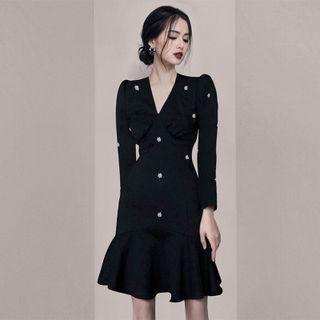 Puff-sleeve Rhinestone Floral A-line Dress