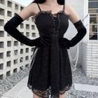 Spaghetti Strap Lace-up Lace Dress Black - One Size