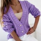 Long-sleeve V-neck Button Cable-knit Cardigan