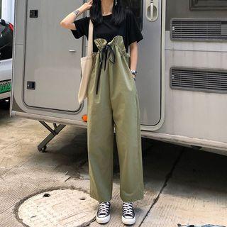 Short-sleeve T-shirt / Drawstring High-waist Wide-leg Pants