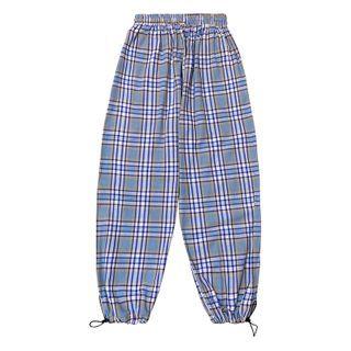 Drawstring-cuff Plaid Straight-cut Pants Blue - One Size