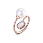 Simple Plated Rose Gold Geometric Rectangular Adjustable Split Ring With Cubic Zircon And Pearl Rose Gold - One Size