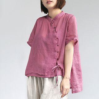 Faux Pearl Buttoned Short-sleeve Blouse