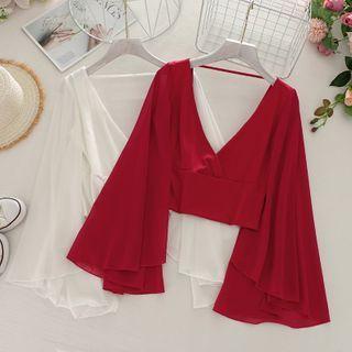 V Neckline Plain Open Back Chiffon Top