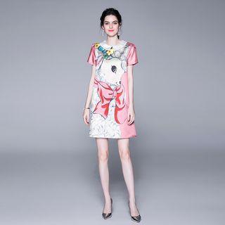 Short-sleeve Cartoon Printed A-line Mini Dress