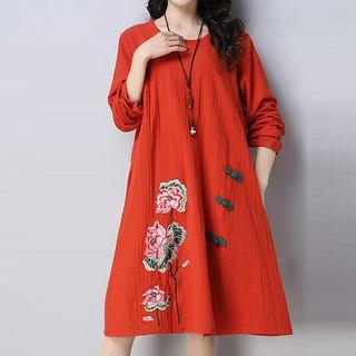Long-sleeve Floral Embroidered Midi A-line Dress