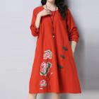 Long-sleeve Floral Embroidered Midi A-line Dress