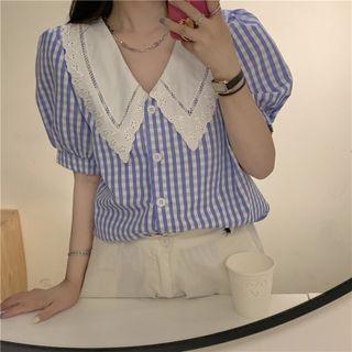 Collar Cutout Puff Short Sleeve Gingham Shirt