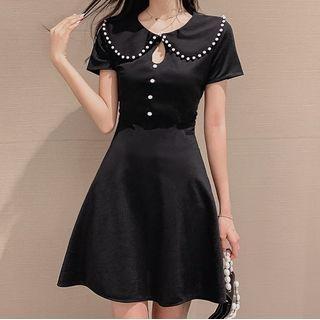 Faux Pearl Trim Short-sleeve Mini A-line Dress