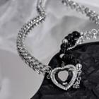 Heart Faux Crystal Pendant Alloy Necklace Black & Silver - One Size