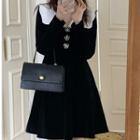 Long-sleeve Collared Faux Pearl Floral A-line Dress Black - One Size