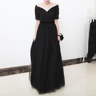 Elbow-sleeve Off-shoulder Evening Dress