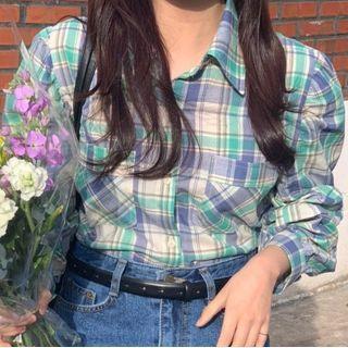 Puff-sleeve Plaid Shirt Green & Blue - One Size