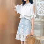 Cold Shoulder Short-sleeve Blouse / Lace Panel A-line Skirt / Set