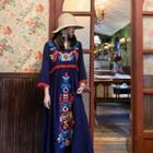 Embroidered 3/4-sleeve Maxi Shift Dress