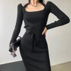 Long-sleeve Tie-waist Knit Midi Bodycon Dress