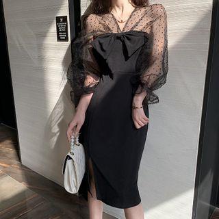 Dotted Mesh Panel Slit Midi Sheath Dress