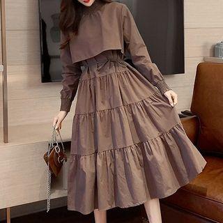 Mock Two-piece Long-sleeve Shirred Midi A-line Dress