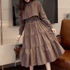 Mock Two-piece Long-sleeve Shirred Midi A-line Dress
