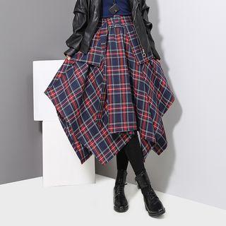Asymmetrical Plaid A-line Semi Skirt Blue - One Size