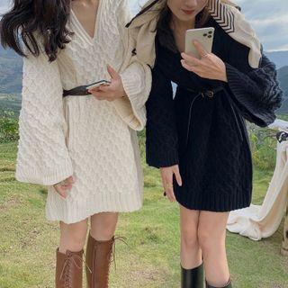 Wide-sleeve V-neck Knit Dress