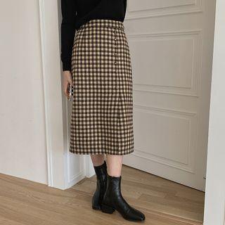 High-waist Plaid Slit Woolen Midi Skirt