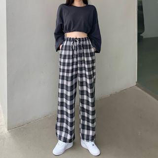 Plaid Wide-leg Pants Check - Black - One Size