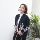 Flower-embroidered Zip-up Cardigan Black - One Size