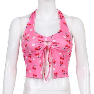 Halter-neck Cherry Print Crop Tank Top