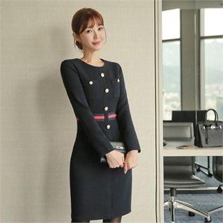 Button-trim Contrast-waist Dress