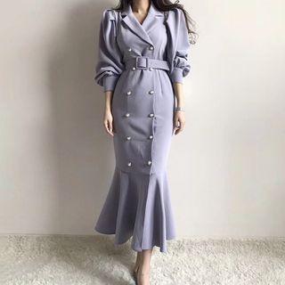 3/4-sleeve Double-breasted Belted Midi Mermaid Dress