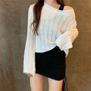 Long-sleeve Plain Knit Top / Sleeveless Drawstring Slim Fit Dress