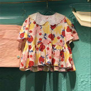 Lace Collar Fruit Print Short-sleeve Blouse